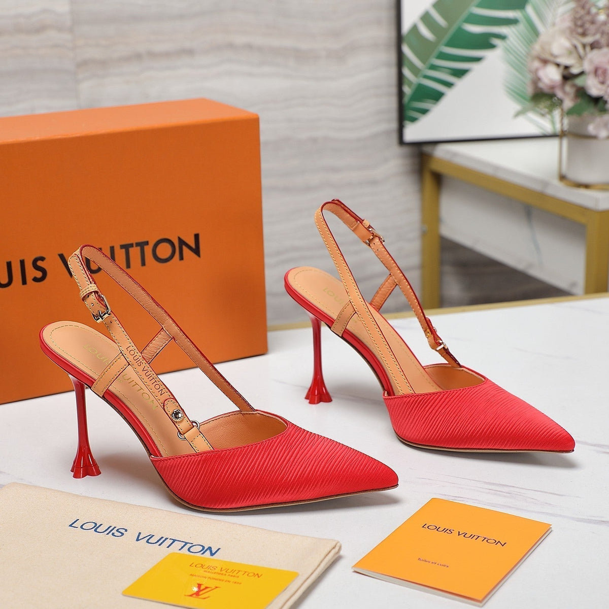LV WOMEN BLOSSOM SLINGBACK PUMP IN CHERRY RED EMBROIDERED FABRIC