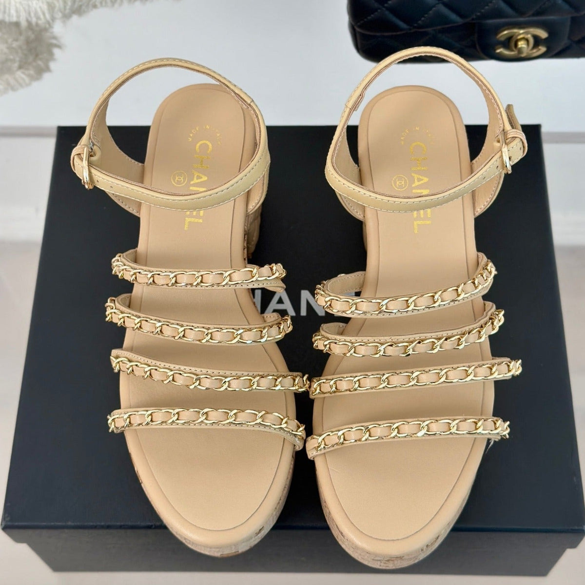 Double C Wooden Chain Platform Block Heel Sandals Beige Cream