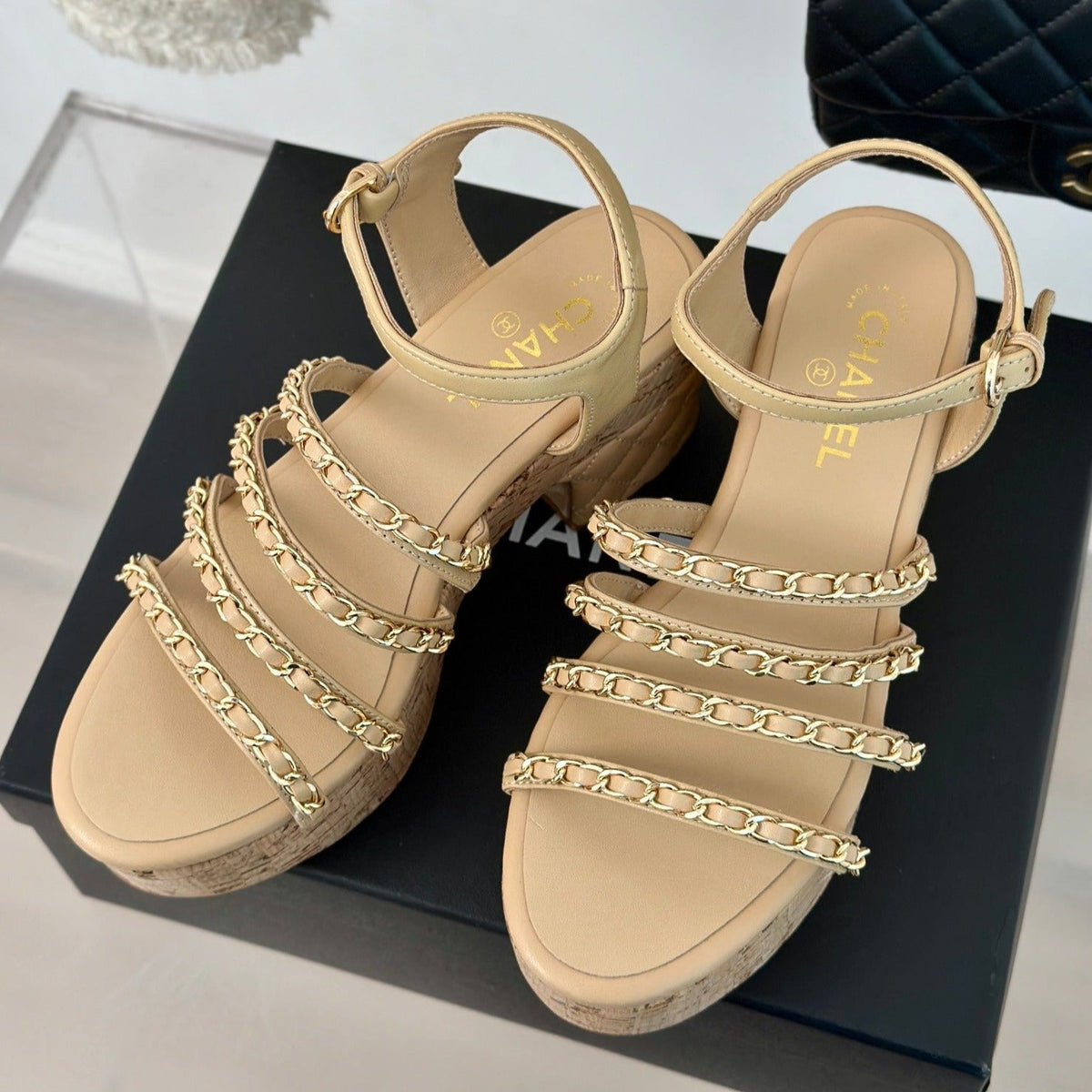 Double C Wooden Chain Platform Block Heel Sandals Beige Cream