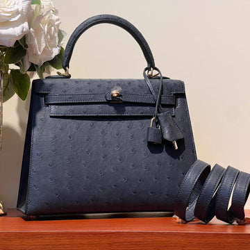 KELLY SELLIER 25 BAG IN PRUSSIAN BLUE OSTRICH LEATHER WITH GOLD HARDWARE