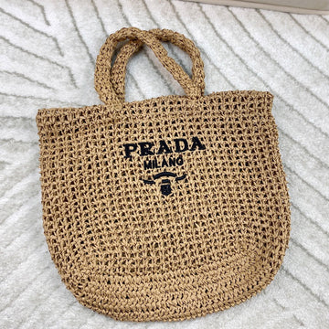 EMBROIDED LOGO TOTE BAG 38 IN BEIGE WOVEN RAFFIA