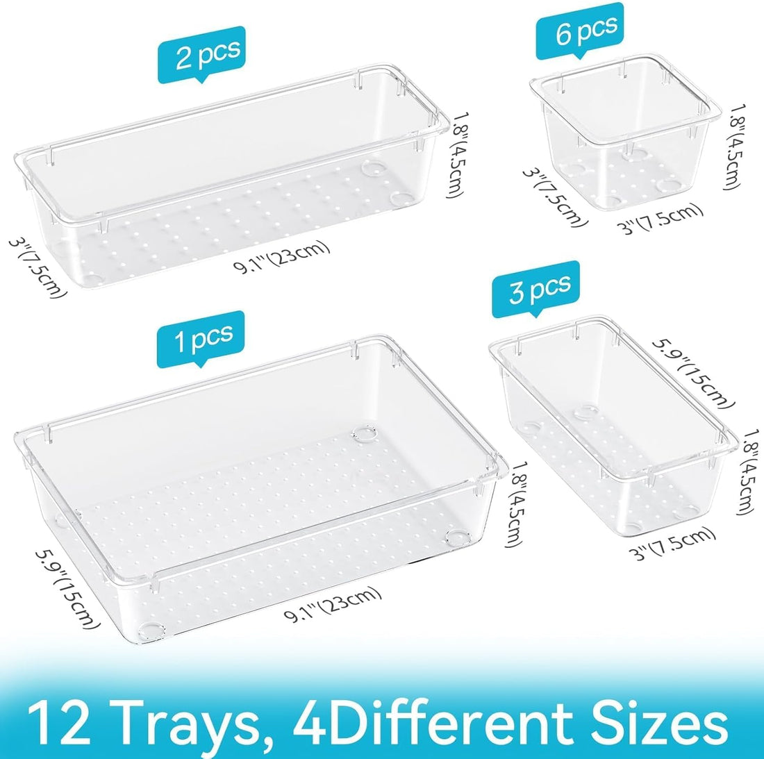 12 PCS Drawer Organizer Set, 4 Sizes Tool Storage Trays, Clear Plastic Makeup Vanity Organizer and Storage Bins for Makeup, Stationeries, Multiple Gadgets for Bathroom, Office, Bedroom