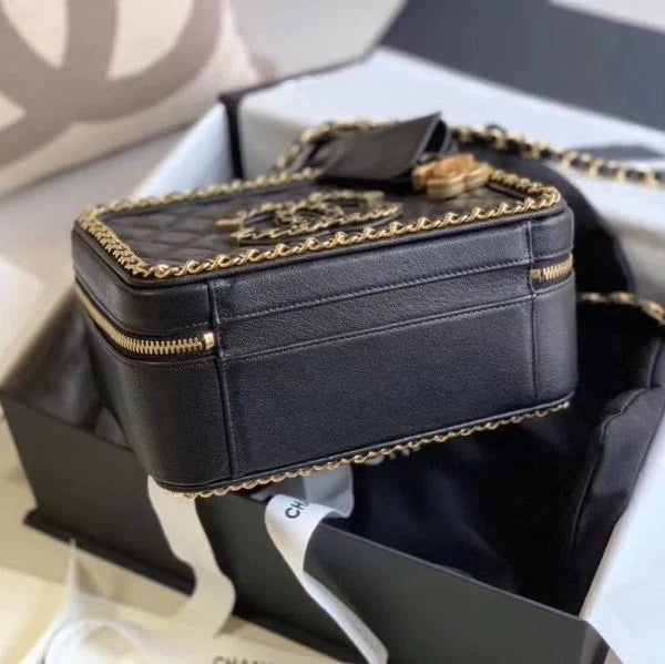 Chanel Filigree Vanity Case Quilted Caviar Gold – Black