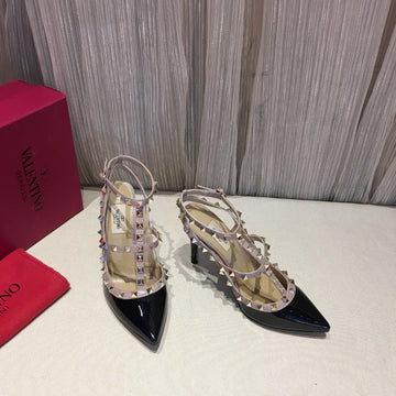ROCKSTUD CAGED HIGH PUMP IN BLACK MIX LIGHT PINK PATENT CALFSKIN 100 MM